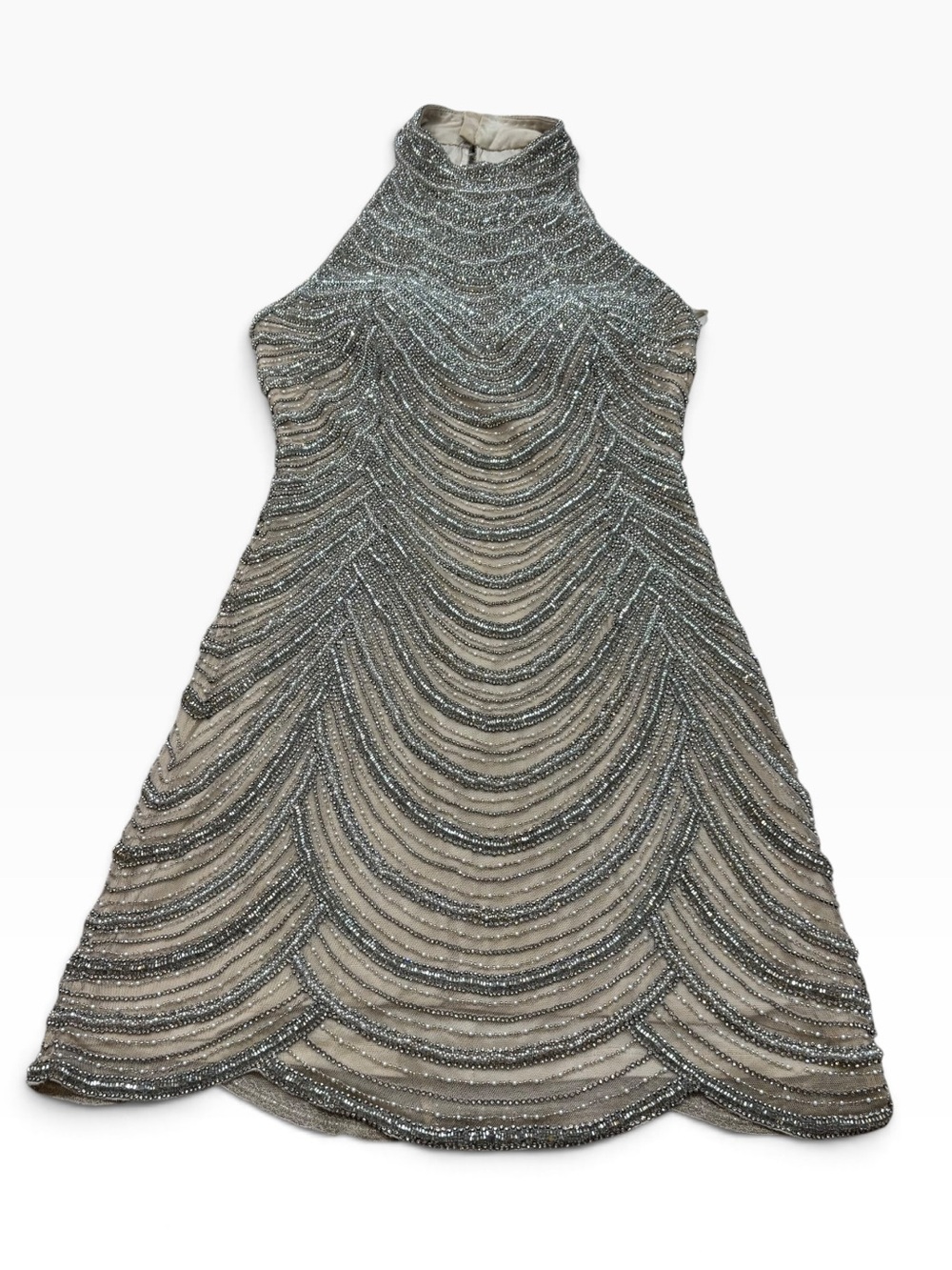 Ladies Sherri Hill Silver Beaded Mini Dress Size 4 Nude Lining